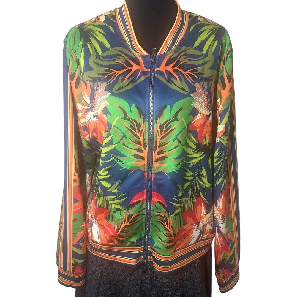 Fashion Nova 2X Tropical Floral Zip Front Long Sleeve Top Multicolor